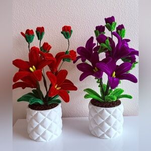 Vibrant Red and Purple Artificial Flower Set in White Quilted Pots (Both)